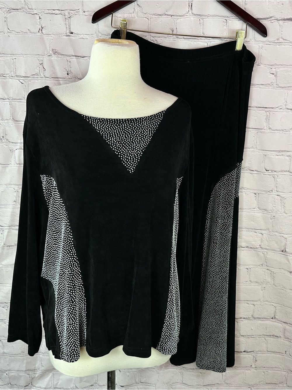 vtg Amanda 2pc boatneck top Black A-Line Skirt Womens 1X Contrast Panel travel
